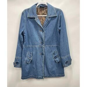 VTG Bill Blass Denim Chore Jacket Womens 10 Button Down Trench‎ Boho Cottagecore